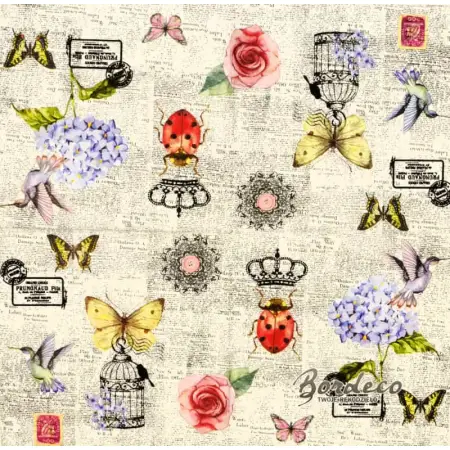 Serwetka do decoupagebiedronka, hortensja motylki, kolaż 33x33 NOUVEAU Unikat