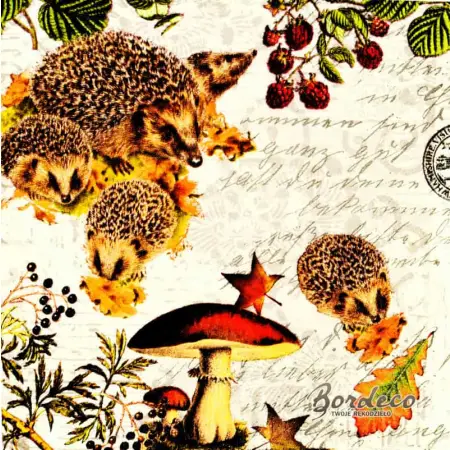Serwetka do decoupage jeże, owoce lasu, grzyby 33x33 NOUVEAU Unikat