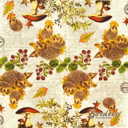 Serwetka do decoupage jeże, owoce lasu, grzyby 33x33 NOUVEAU Unikat