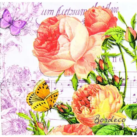Serwetka do decoupage  róże i motylki 25x25 NOUVEAU Unikat