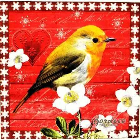 Serwetka do decoupage rudzik i białe kwiaty 33x33 NOUVEAU Unikat
