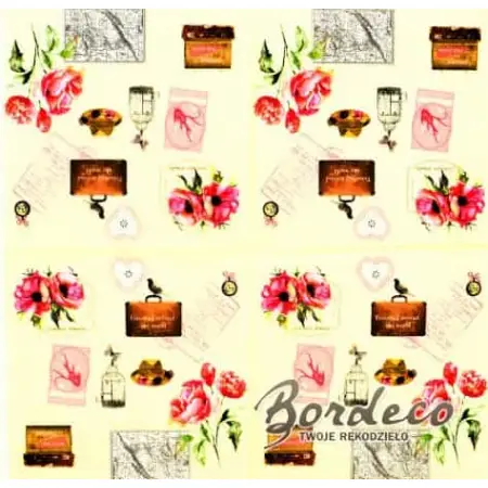 Serwetka do decoupage róze, walizka, kapelusz, klatka, kolaż 33x33 NOUVEAU Unikat