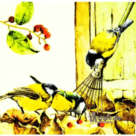 Serwetka do decoupage sikorki, grabie i liście 25x25 NOUVEAU Unikat