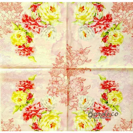 Serwetka do decoupage róże na różowej tapecie w kwiaty 33x33 Paper+Design Unikat