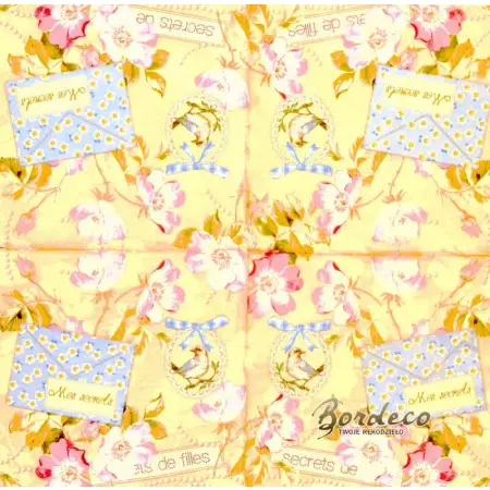 Serwetka do decoupage Mes secrets, delikatne kwiaty i ptaszek 33x33 PAPSTAR Unikat