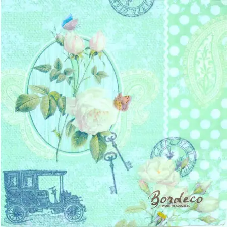 Serwetka do decoupage białe róże i zabytkowe auto 33x33 PAPSTAR Unikat