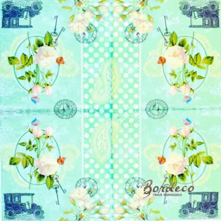 Serwetka do decoupage białe róże i zabytkowe auto 33x33 PAPSTAR Unikat