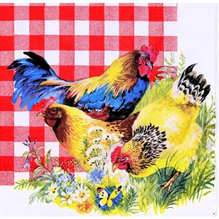 Serwetka do decoupage kury i kogut z kratą 33x33 PAW
