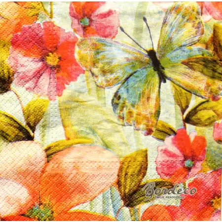 Serwetka do decoupage różowe kwiaty i motyl 33x33 PAW Unikat