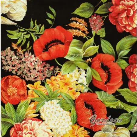 Serwetka do decoupage kolorowe kwiaty na czarnym tle 33x33 PAW Unikat