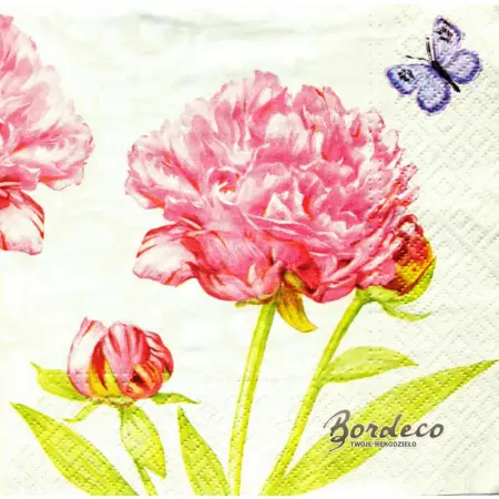 Serwetka do decoupage różowe peonie, piwonie z motylkiem 33x33 PAW Unikat