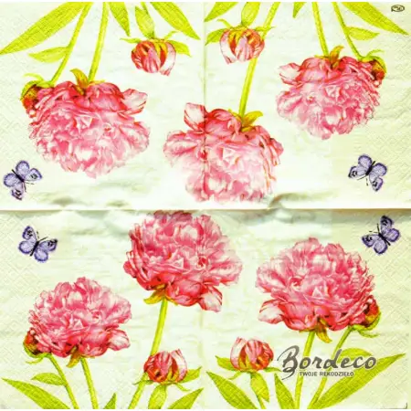 Serwetka do decoupage różowe peonie, piwonie z motylkiem 33x33 PAW Unikat