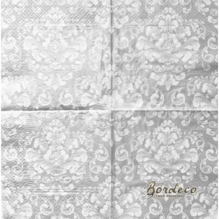 białego ornamentu, tapety na błyszczącym srebrnym tle 33x33cm. Unikat