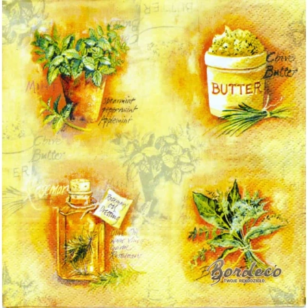 Serwetka do decoupage zioła w różnej postaci na beżowym tle 33x33 PAW