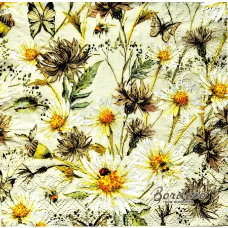 Serwetka do decoupage białe i brązowe polne kwiaty, 33x33 PIXIE Unikat