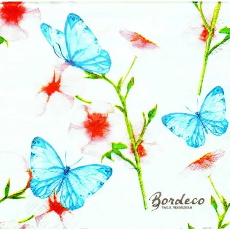 Serwetka do decoupage niebieskie motyle, różowe kwiaty, 33x33 PIXIE Unikat