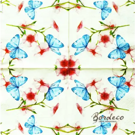 Serwetka do decoupage niebieskie motyle, różowe kwiaty, 33x33 PIXIE Unikat