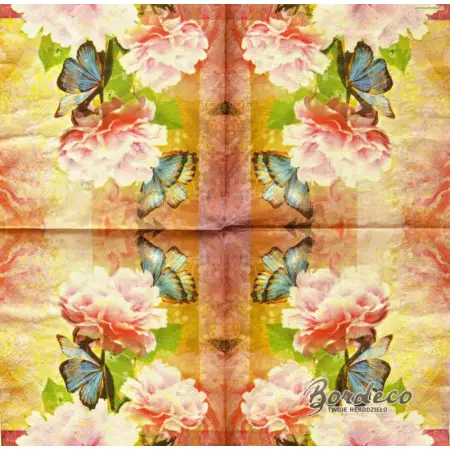 Serwetka do decoupage różowe kwiaty, niebieskie motyle 33x33 PIXIE Unikat