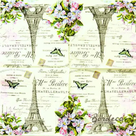 Serwetka do decoupage wiaża Eiffla i kwiaty, vintage 25x25 PIXIE Unikat