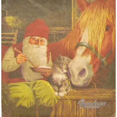 Serwetka do decoupage Mikołaj w stajni z koniem i kotkiem 33x33 PPD Unikat
