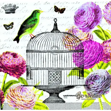 Serwetka do decoupage klatka dla ptaków i kwiaty 33x33 PPD Unikat