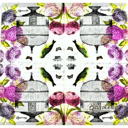 Serwetka do decoupage klatka dla ptaków i kwiaty 33x33 PPD Unikat