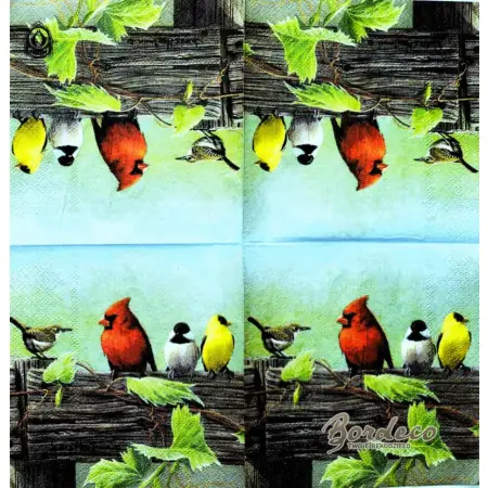 Serwetka do decoupage kolorowe ptaszki na płocie 25x25 PPD Unikat