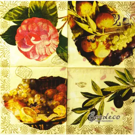 Serwetka do decoupage owoce, oliwki i kwiat 33x33 PPD Unikat