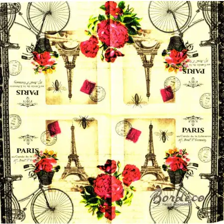 Serwetka do decoupage rower z koszem kwiatów i Paryż 33x33 PPD Unikat