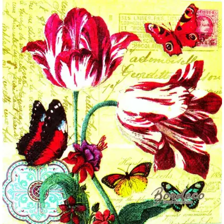 Serwetka do decoupage czerwono-białe tulipany i motyle 25x25 PUNCH, Unikat