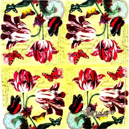 Serwetka do decoupage czerwono-białe tulipany i motyle 25x25 PUNCH, Unikat