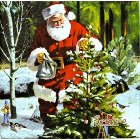 Serwetka do decoupage Mikołaj stroi choinkę w lesie Paper+Design Unikat