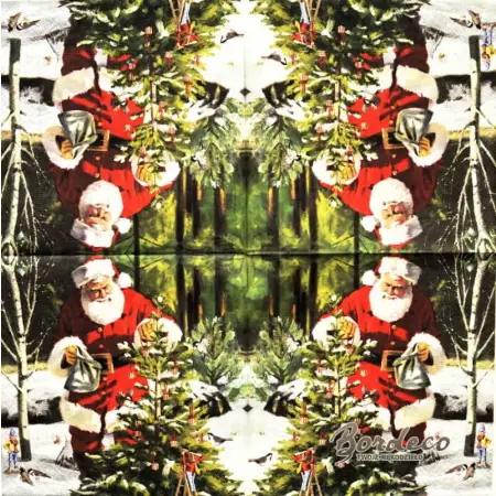 Serwetka do decoupage Mikołaj stroi choinkę w lesie Paper+Design Unikat