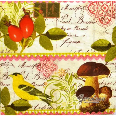 Serwetka do decoupage grzyby, owoce dzikiej róży i żółty ptak 33x33 Paper+Design Unikat