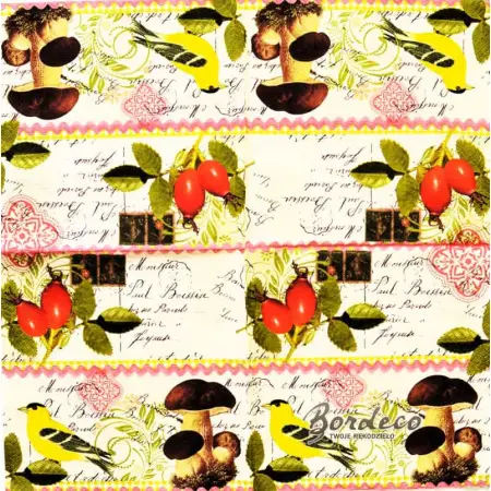 Serwetka do decoupage grzyby, owoce dzikiej róży i żółty ptak 33x33 Paper+Design Unikat