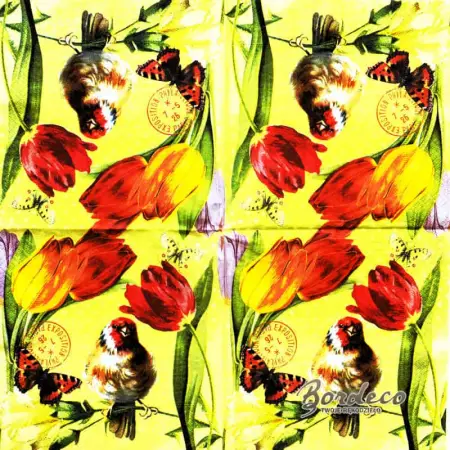 Serwetka do decoupage szczygieł, tulipany i motyl 33x33 Paper+Design Unikat