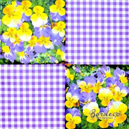 Serwetka do decoupage kolorowe bratki i fioletowa kratka 33x33 R&F Unikat