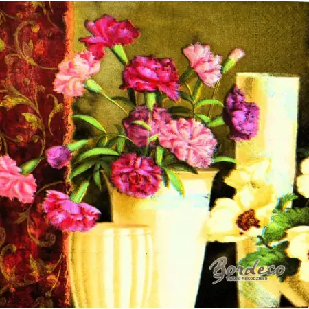 Serwetka do decoupage goździki i jaskry w w białych wazonach 33x33 R2S Unikat