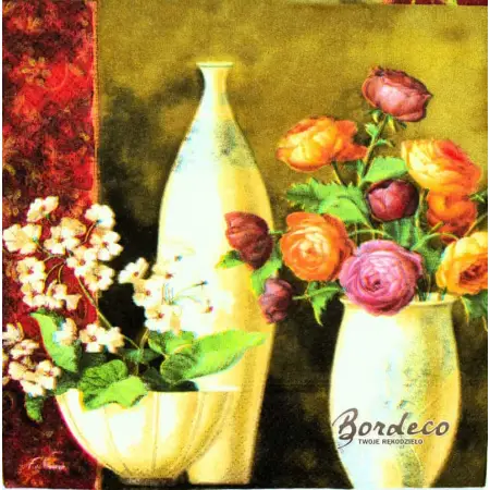 Serwetka do decoupage goździki i jaskry w w białych wazonach 33x33 R2S Unikat