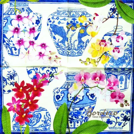 Serwetka do decoupage chińskie wazy i storczyki, orchidee 33x33 DOMEX Unikat