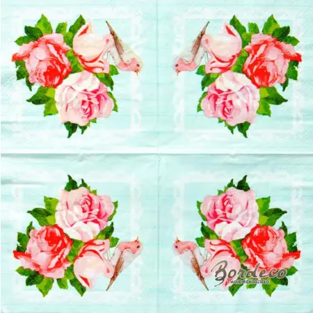 Serwetka do decoupage trzy różowe róże i ptaszek 33x33 TETEaTETE Unikat