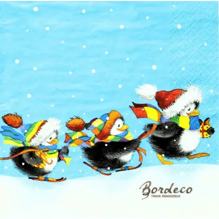 Serwetka do decoupage cztery pingwinki w czapkach 33x33 TI-FLAIR. Unikat