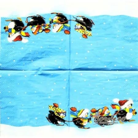 Serwetka do decoupage cztery pingwinki w czapkach 33x33 TI-FLAIR. Unikat