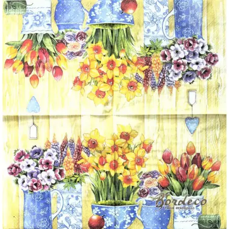 Serwetka do decoupage wiosenne kwiaty w biało-niebieskich naczyniach 33x33 TI-FLAIR Unikat