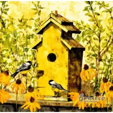 Serwetka do decoupage  żółta budka dla ptaków z sikorkami 33x33 IHR Unikat