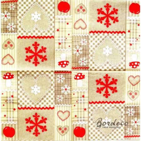 Serwetka do decoupage beżowo-czerwony patchwork 33x33 AHA Unikat