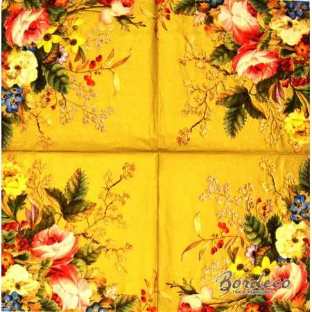 Serwetka do decoupage kompozycja kwiatowa z różami na złotym tle 33x33 IHR Unikat