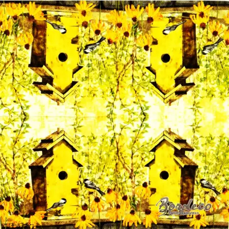 Serwetka do decoupage  żółta budka dla ptaków z sikorkami 33x33 IHR Unikat