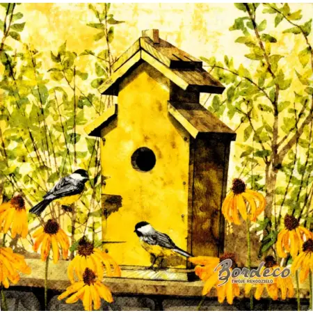 Serwetka do decoupage  żółta budka dla ptaków z sikorkami 33x33 IHR Unikat