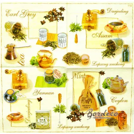 Serwetka do decoupage gatunki  herbat i akcesoria 33x33 MAKI Unikat